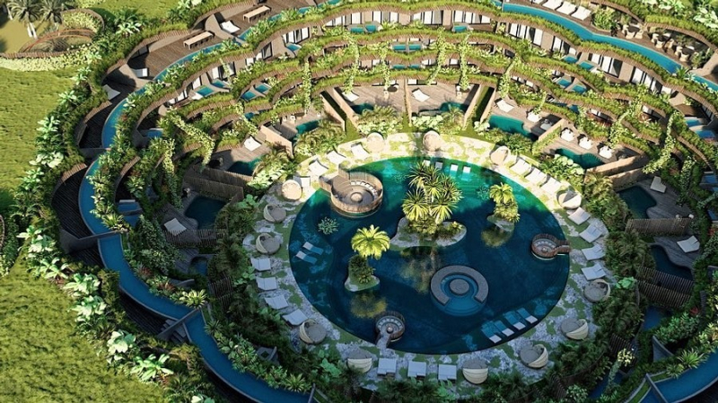 Архитекторы показали курорт в виде большого колодца в мексиканских джунглях